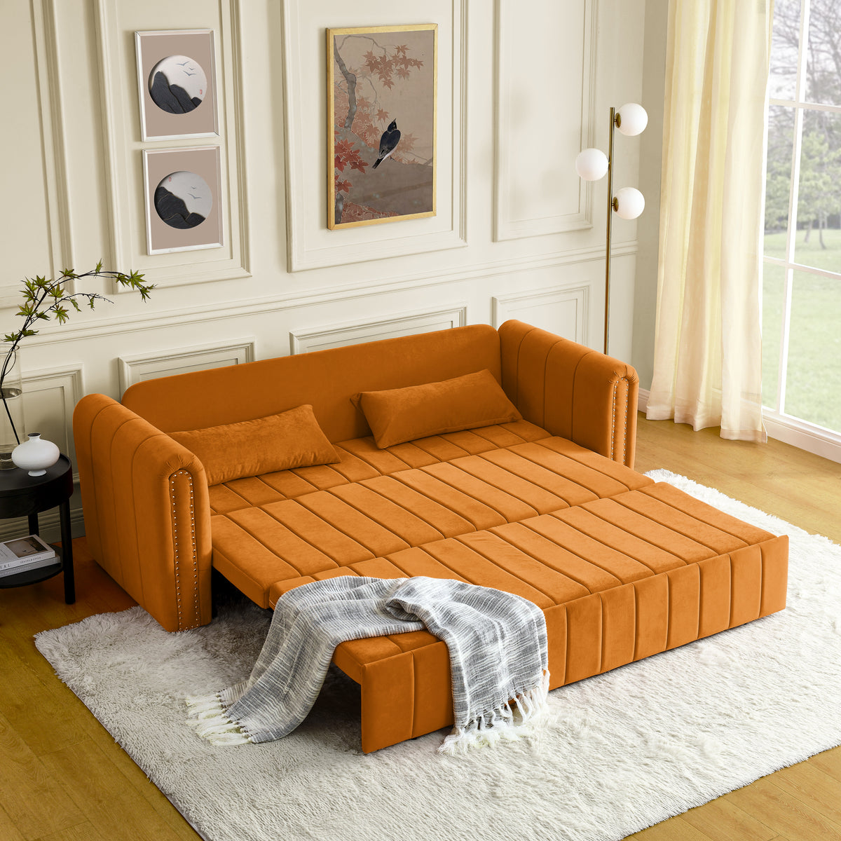 3 in 1 Pull-Out Bed Sleeper, Modern Upholstered 3 Seats Lounge Sofa & Couches with Rolled Arms Decorated with Copper Nails , Convertible Futon 3 Seats Sofabed with Two Drawers and Two Pillows W487S00214-djyc