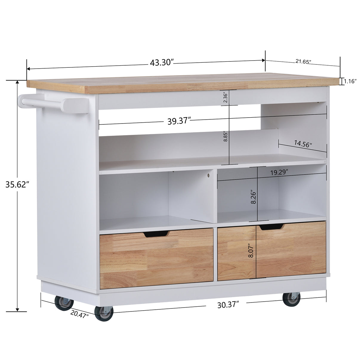 Rolling Kitchen Island with Storage, Two-sided Kitchen island Cart on Wheels with RubberWood Top,Wine and Spice Rack, Large Kitchen Cart with 2 Drawers, 3 Open Compartments, White WF318964AAW-djyc