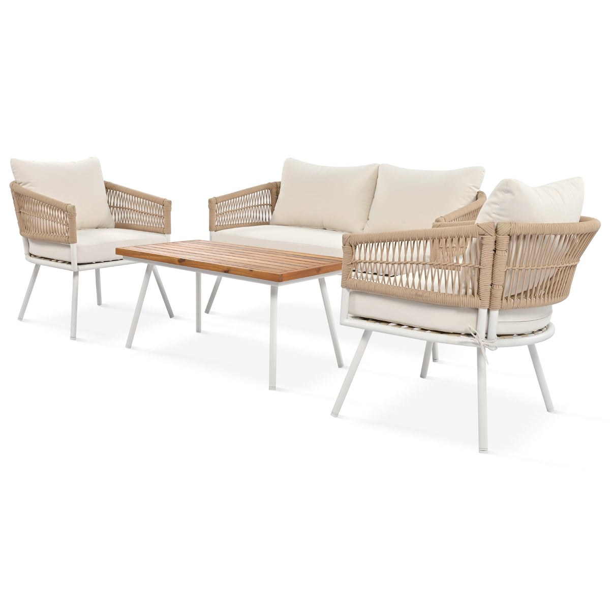 K&K 4-Piece Boho Rope Patio Furniture Set, Outdoor Furniture with Acacia Wood Table, Patio Conversation Set with Deep Seating & Thick Cushion for Backyard Porch Balcony, Beige SK000004AAZ-djyc