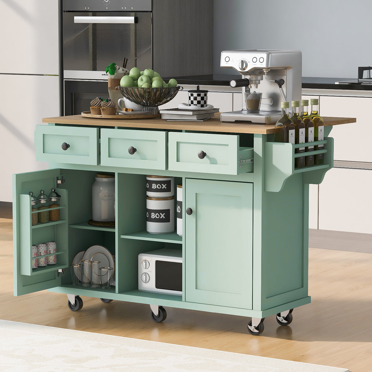 Kitchen Cart with Rubber wood Drop-Leaf Countertop ,Cabinet door internal storage racks,Kitchen Island on 5 Wheels with Storage Cabinet and 3 Drawers for Dinning Room, Mint Green WF298028AAE-djyc