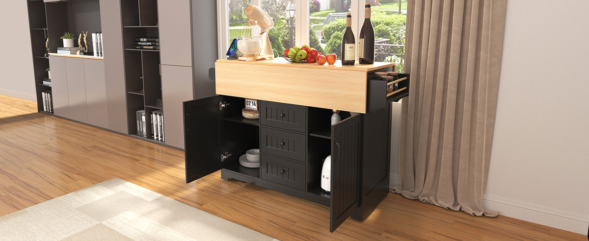 K&K 55.7'' Large Kitchen Island with 2 Drop Leaf,, Rolling Kitchen Cart on 5 Wheels with Power Outlet, Folding Storage Dining Table with Spice & Towel Rack , 3 Drawers, for Kitchen, Dining Room,Black N707P186617B-djyc