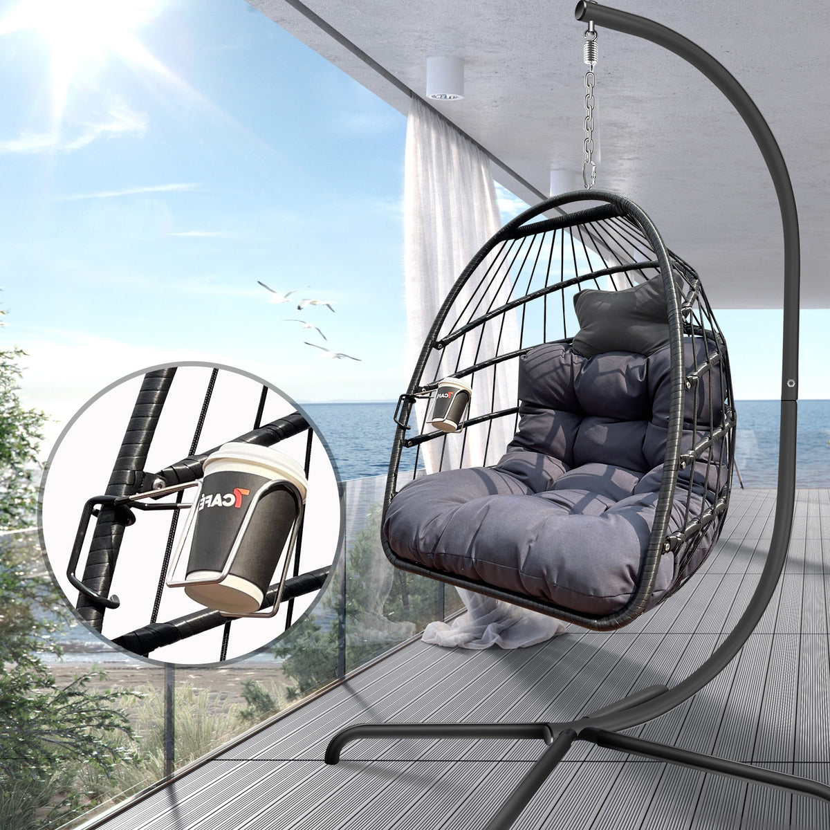 Swing Egg Chair with Stand Indoor Outdoor Wicker Rattan Patio Basket Hanging Chair with C Type bracket , with cushion and pillow,Patio Wicker folding Hanging Chair( Special construction cup holder W2707P184391-djyc