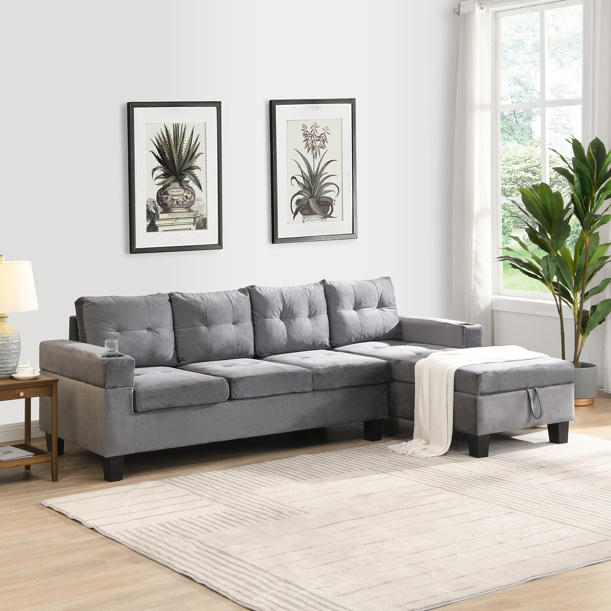 Sectional Sofa Set for Living Room with L ShapeChaise Lounge ,cup holder andRightHand with Storage ChaiseModern 4 Seat (Grey) --RIGHT CHAISE WITH STORAGE K214S00003-djyc