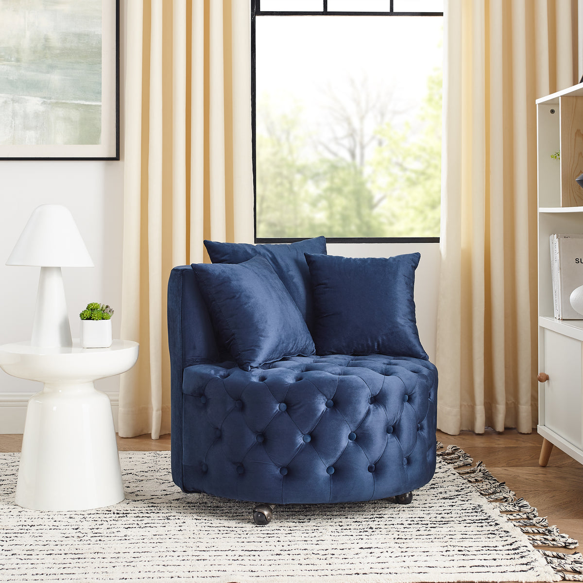 Velvet Upholstered Swivel Chair for Living Room, with Button Tufted Design and Movable Wheels, Including 3 Pillows, Blue W487124835-djyc