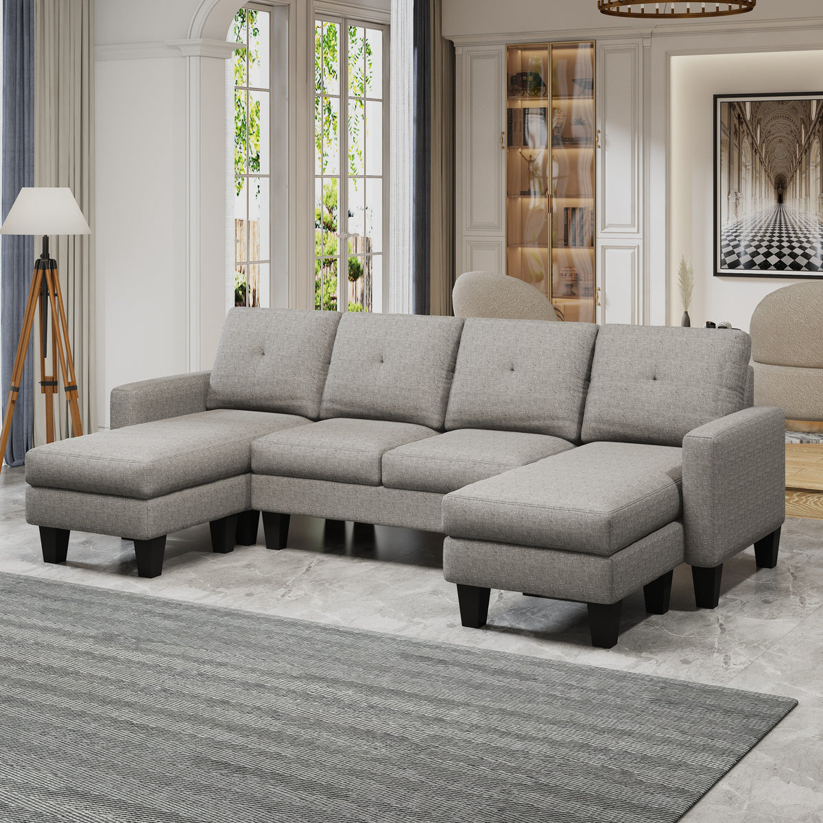 U-Shaped Sofa Coch 4-Seat Sofa with Chaise Polyester Fabric for Living Room Apartment Office (Light Grey) W1669S00003-djyc