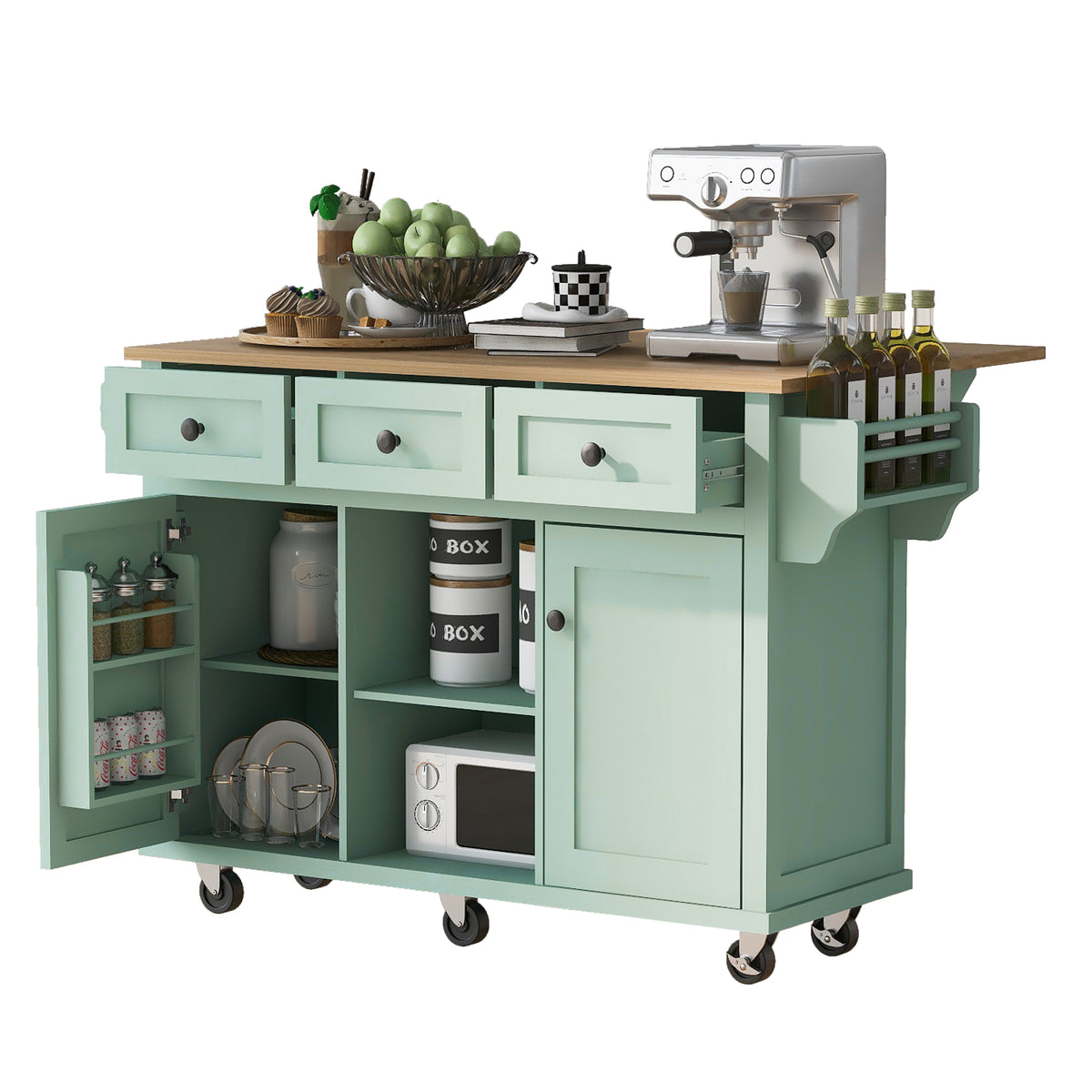 Kitchen Cart with Rubber wood Drop-Leaf Countertop ,Cabinet door internal storage racks,Kitchen Island on 5 Wheels with Storage Cabinet and 3 Drawers for Dinning Room, Mint Green WF298028AAE-djyc