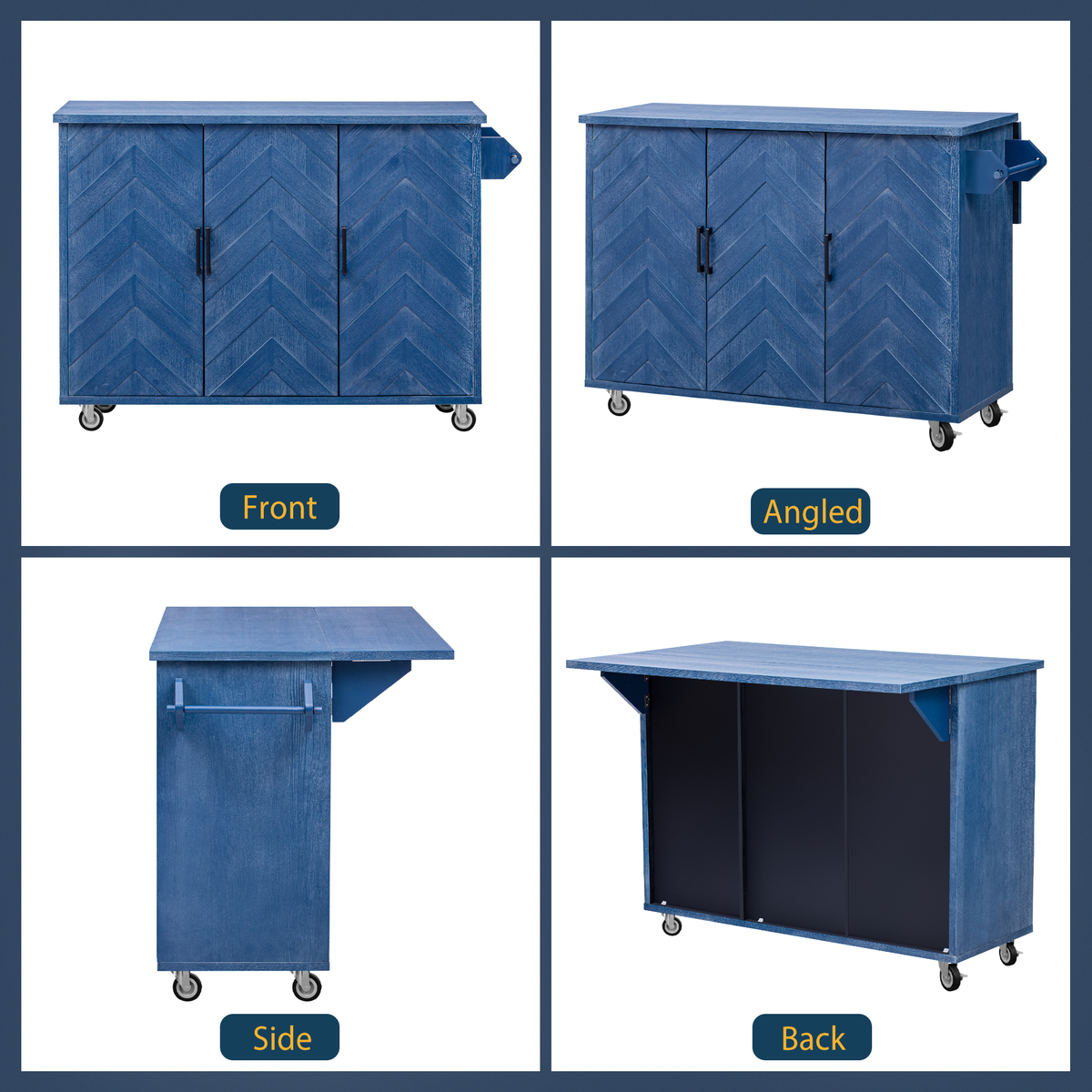 K&K 51.2"W 3D Wave Stripes Ash Veneer(Not Cheap Paper) Kitchen Island with Drop Leaf, Farmhouse Kitchen Island on Wheels with Internal Storage Rack, Rolling Kitchen Cart (Navy Blue) N707P207915E-djyc