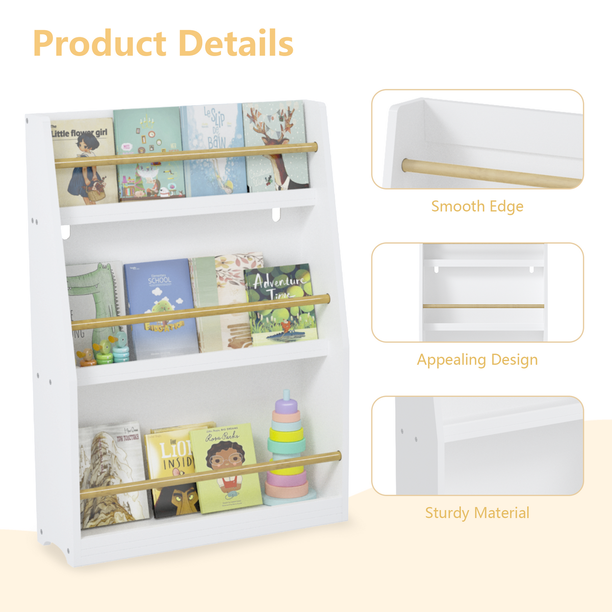 3 Tier Kids Book Shelf,Kids Book Rack, Helps Keep Bedrooms, Playrooms, and Classrooms Organized,White W808P171972-djyc