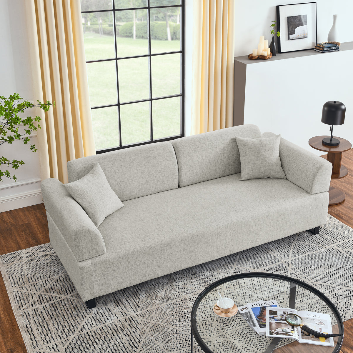 Linen Fabric 3 Seat Sofa with Two End Tables and Two Pillows, Removable Back and Armrest, Morden Style Upholstered 3-Seat Couch for Living Room W487139513-djyc