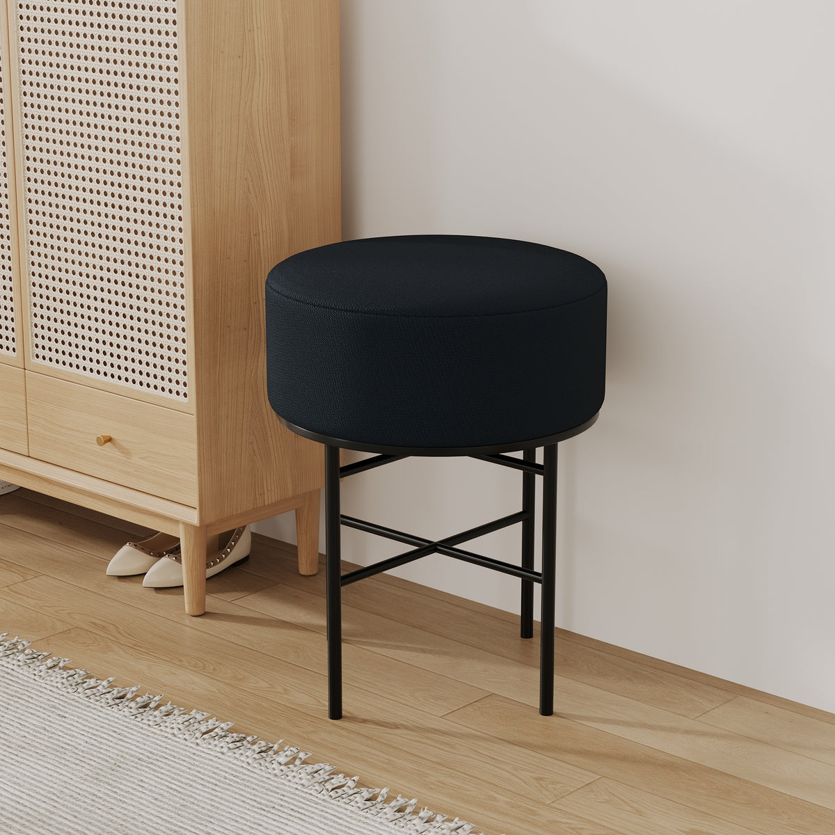 2 pcs Round Cushioned Vanity Stool, Linen Upholstered Vanity Stool for Makeup Room, Modern Soft Stool for Bar and Dining, Ottoman Footrest Stool with Metal Legs for Living Room, Bedroom(Black) W2557P180257-djyc