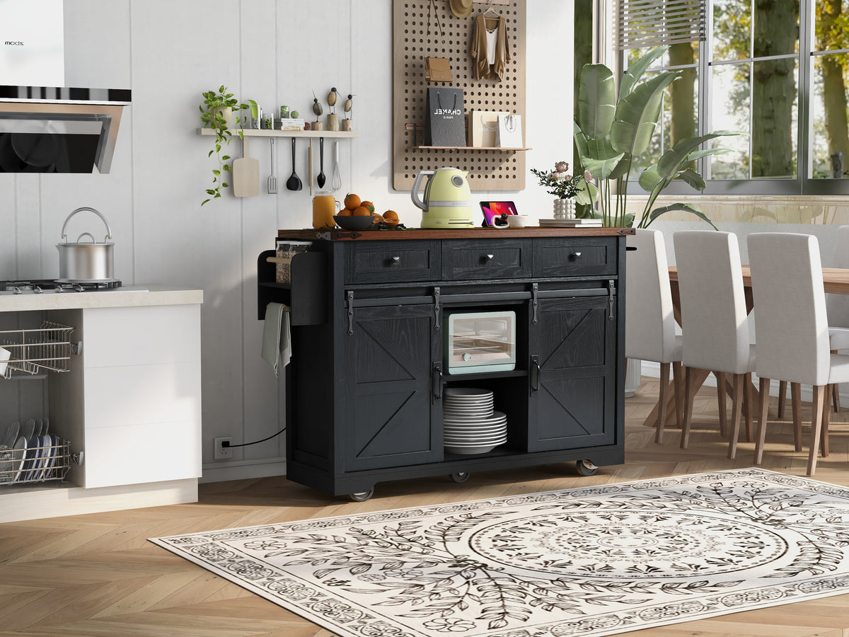 K&K 53.7" Farmhouse Kitchen Island with Power Outlet, 2 Sliding Barn Door Kitchen Storage Island with Drop Leaf, Spice Rack Rolling Kitchen Cart on Wheels, for Home, Kitchen and Dining Room, Black N707P170347B-djyc