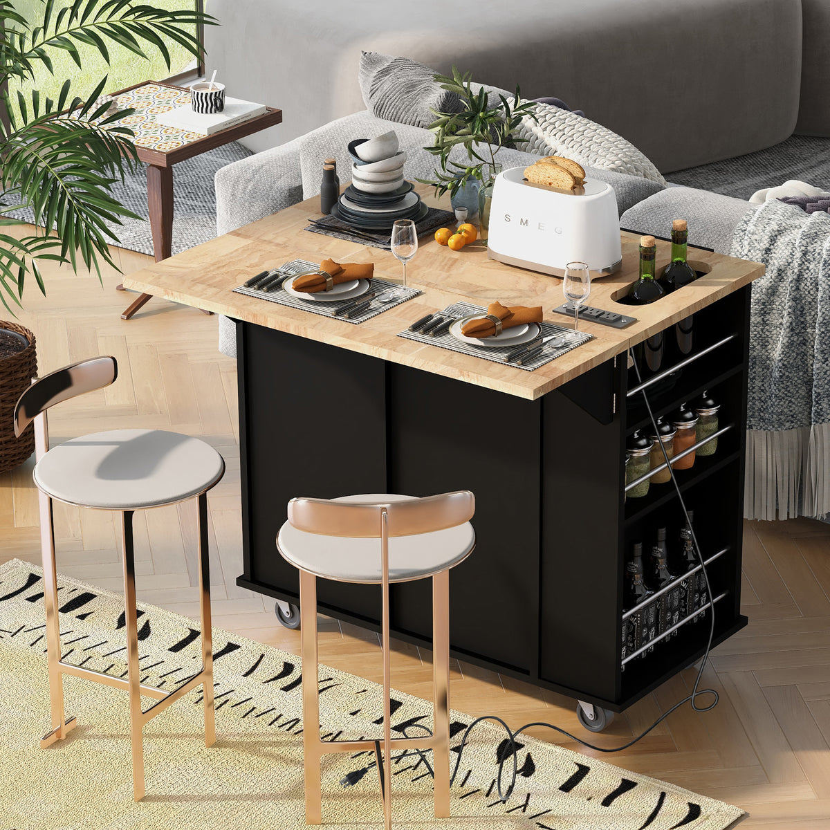 Kitchen Island with Power Outlet,Kitchen Storage Island with Drop Leaf and Rubber Wood,Open Storage and Wine Rack,5 Wheels,with Adjustable Storage for Home, Kitchen, and Dining Room, Black WF305556AAB-djyc