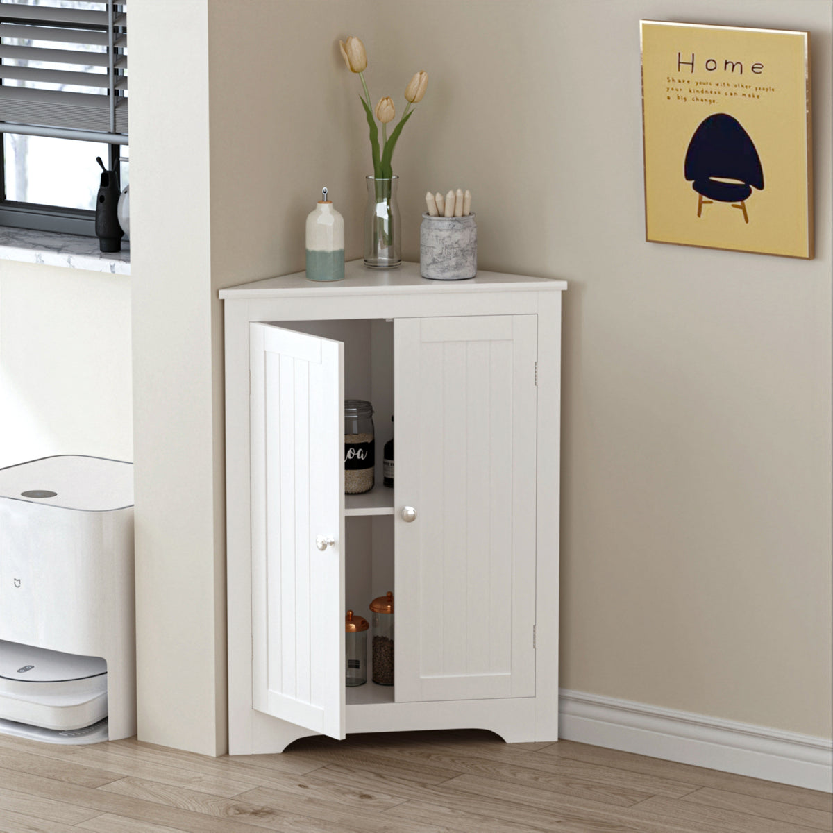 Floor Corner Cabinet with 2 Doors and Adjustable Shelves, Freestanding Narrow Cabinet Organizer, Corner Storage Cabinets for Bathroom, Kitchen, Living Room, or Bedroom, White W808P175911-djyc