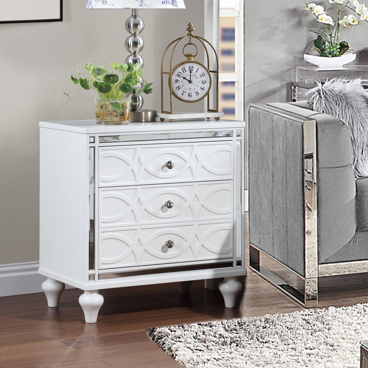 Contemporary Nightstands with mirror frame accents, Bedside Table with two drawers and one hidden drawer, End Table with Crystal Pull for Living Room,Bedroom, White W1998131732-djyc