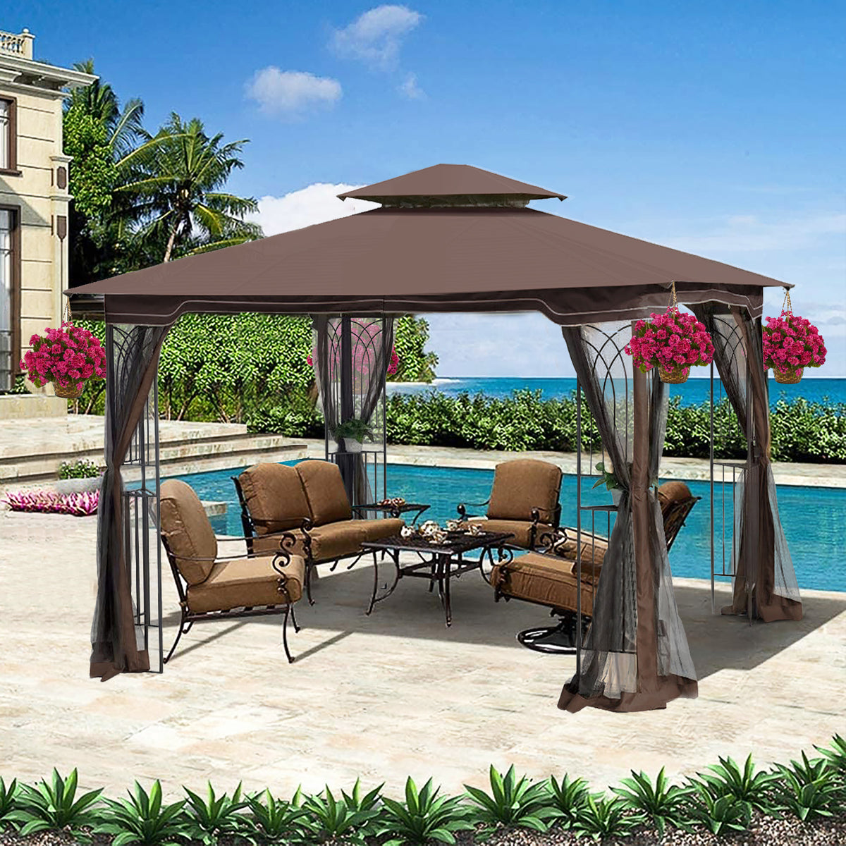 10x10 Outdoor Patio Gazebo Canopy Tent With Ventilated Double Roof And Mosquito net(Detachable Mesh Screen On All Sides),Suitable for Lawn, Garden, Backyard and Deck,Brown Top W41940786-djyc