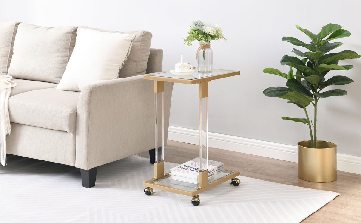 Golden Side Table, Acrylic Sofa Table, Glass Top C Shape Square Table with Metal Base for Living Room, Bedroom, Balcony Home and Office W82153574-djyc