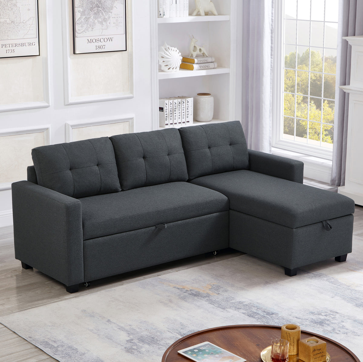 Upholstered Pull Out Sectional Sofa with Storage Chaise, Convertible Corner Couch, Dark Grey W2336S00012-djyc