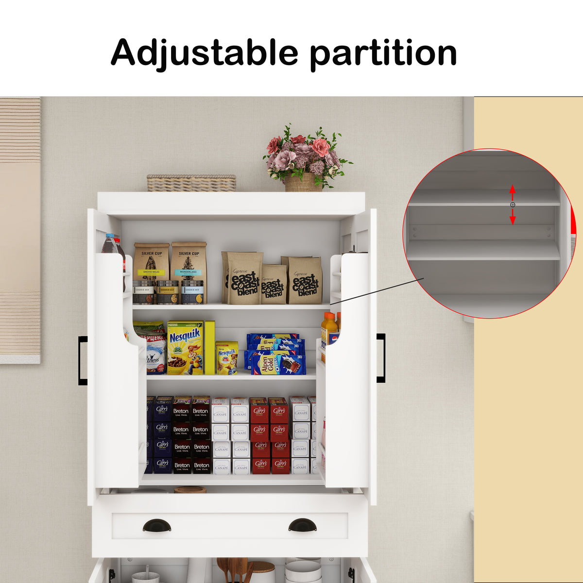 71" Kitchen Pantry Storage Cabinetwith 4 Doors(2Doors with Racks),1 Drawer, 2 Adjustable Shelves, Freestanding Cupboard for Kitchen, Dining Room and Living Room-White W282108550-djyc