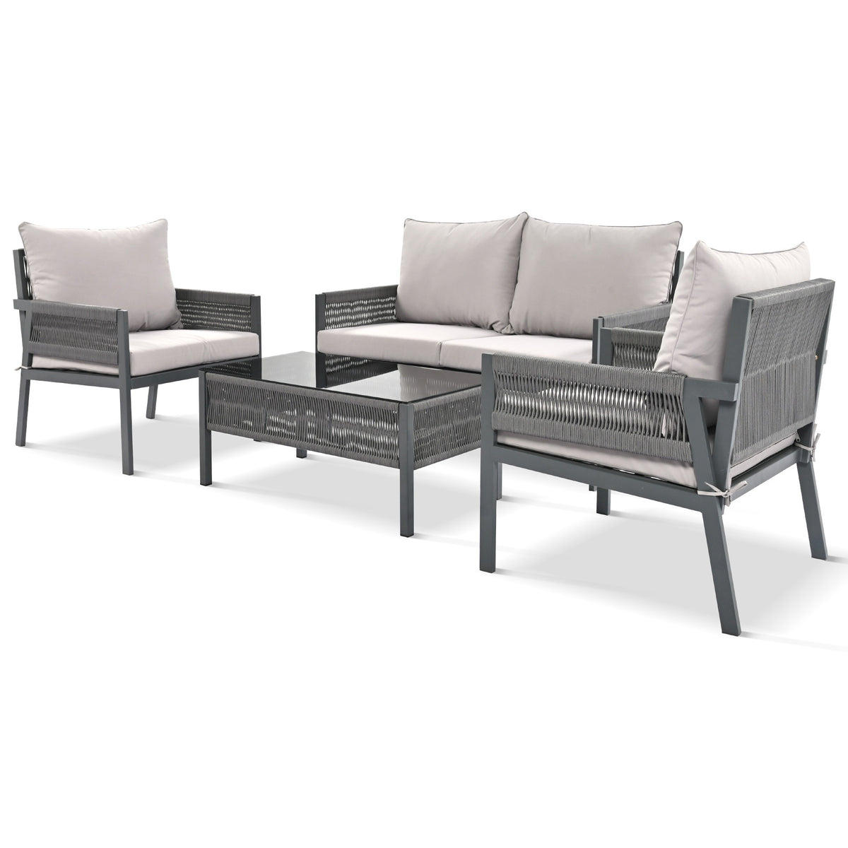 K&K 4-Piece Rope Patio Furniture Set, Outdoor Furniture with Tempered Glass Table, Patio Conversation Set Deep Seating with Thick Cushion for Backyard Porch Balcony (Grey) SK000003AAG-djyc