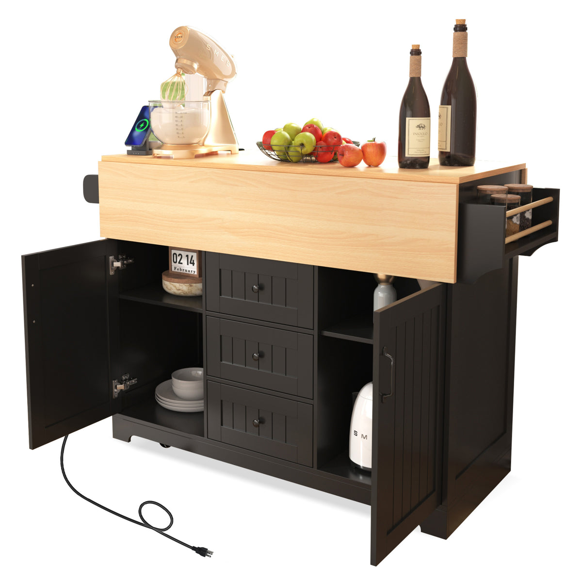 K&K 55.7'' Large Kitchen Island with 2 Drop Leaf,, Rolling Kitchen Cart on 5 Wheels with Power Outlet, Folding Storage Dining Table with Spice & Towel Rack , 3 Drawers, for Kitchen, Dining Room,Black N707P186617B-djyc