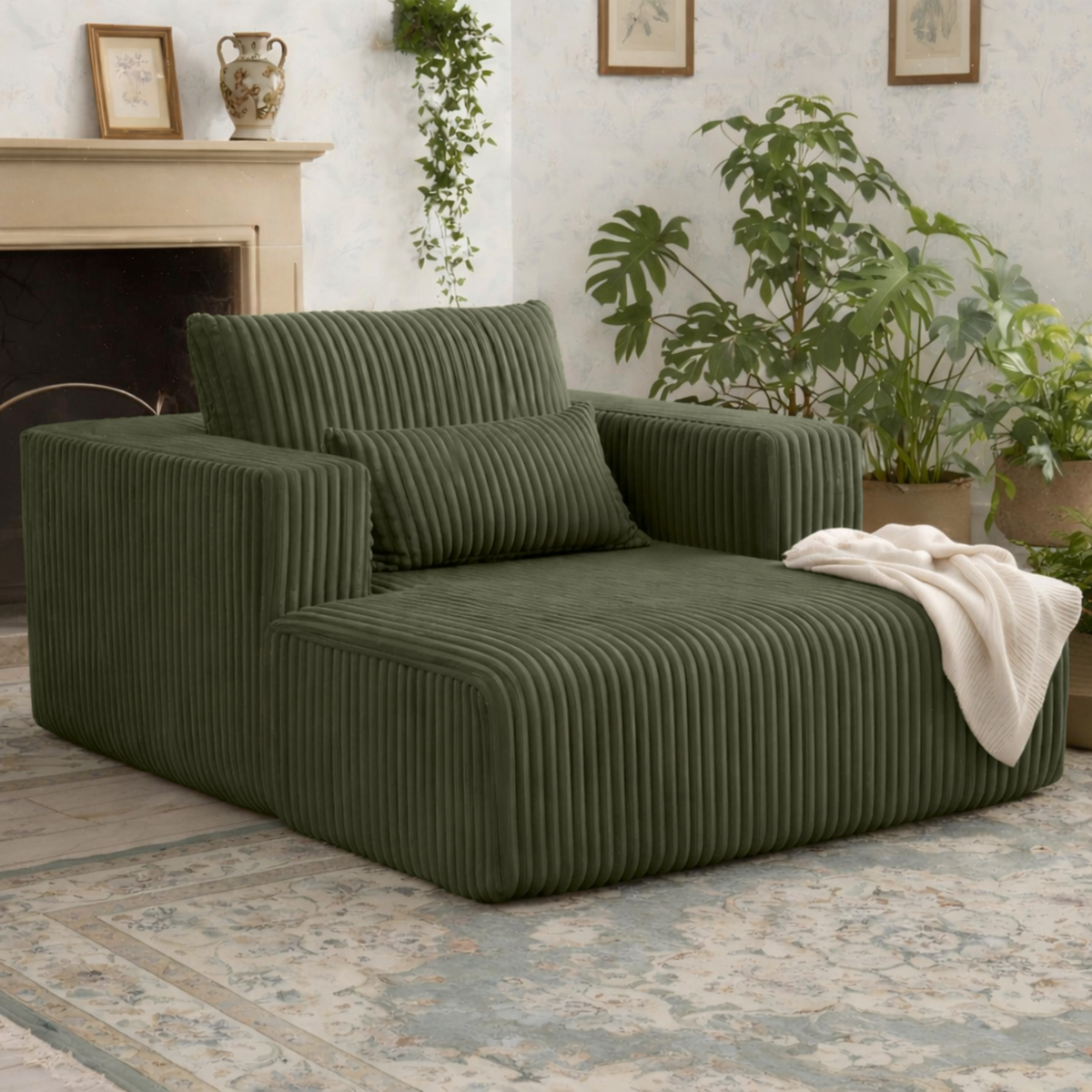 Sofa Bed 62.6' x 48.23', 1-2 Seater Compressed Couch with 2 Lumbar Pillows, Soft Skin-Friendly Corduroy Fabric, Modern Convertible Sleeper for Living Room, Bedroom & Apartment, Ships in 1 Box, Green-W3326P345960