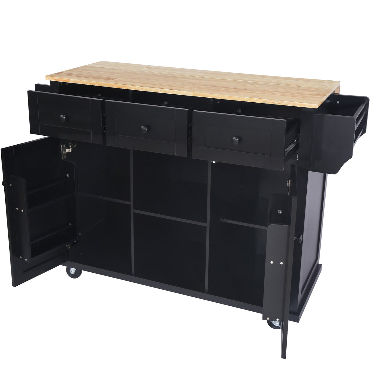 Kitchen Cart with Rubber wood Drop-Leaf Countertop ,Cabinet door internal storage racks,Kitchen Island on 5 Wheels with Storage Cabinet and 3 Drawers for Dinning Room, Black WF298028AAB-djyc