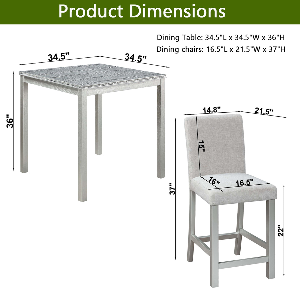 5 Piece Counter Height Table Set, Wooden Kitchen Table Set with Square Table and 4 Upholstered Chairs, Counter Height Dining Table with Crystal Decoration and Chair Set, Silver grey W1998S00039-djyc