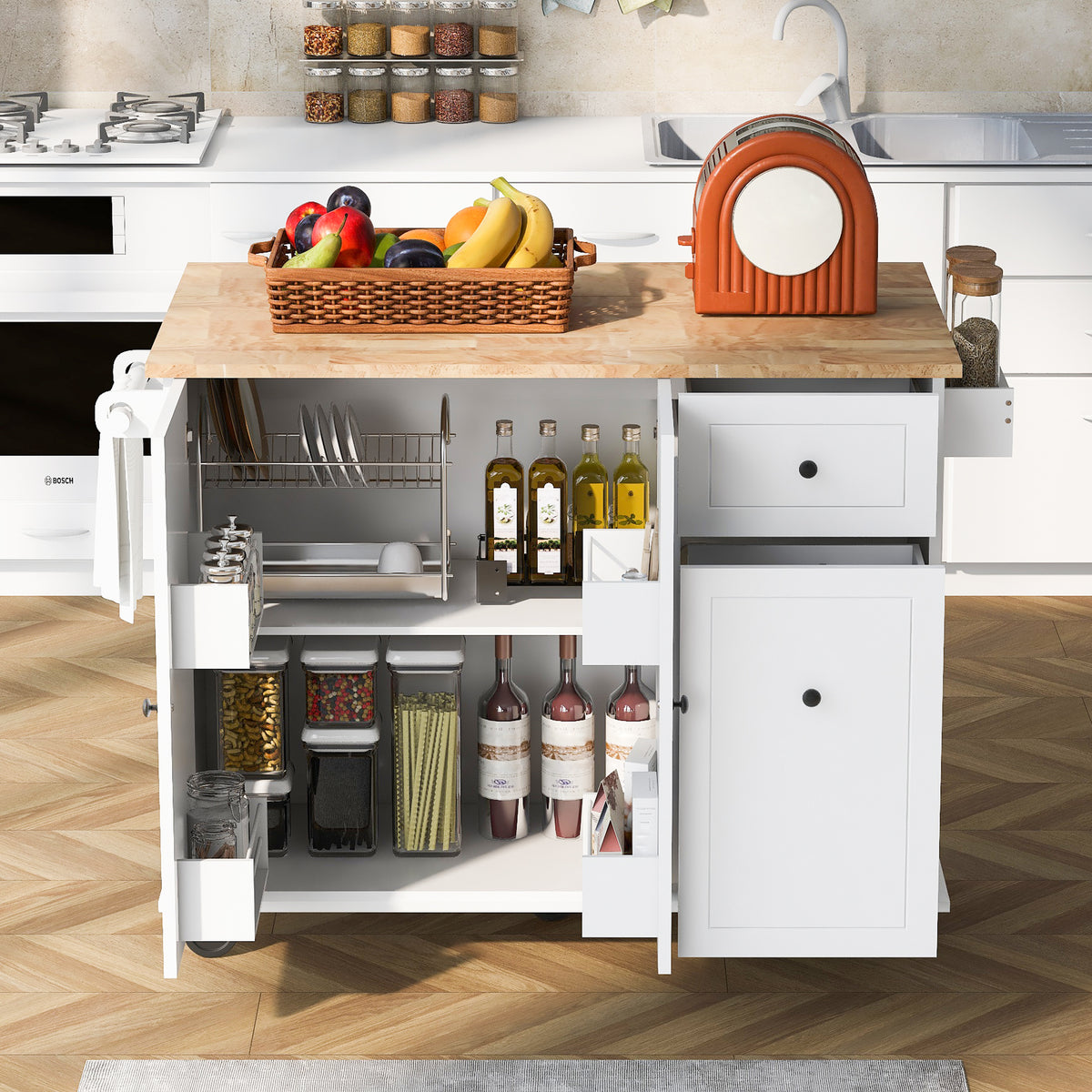 Kitchen Island with Drop Leaf, 53.9" Width Rolling Kitchen Cart on Wheels with Internal Storage Rack and 3 Tier Pull Out Cabinet Organizer, Kitchen Storage Cart with Spice Rack, Towel Rack (White) WF312383AAW-djyc