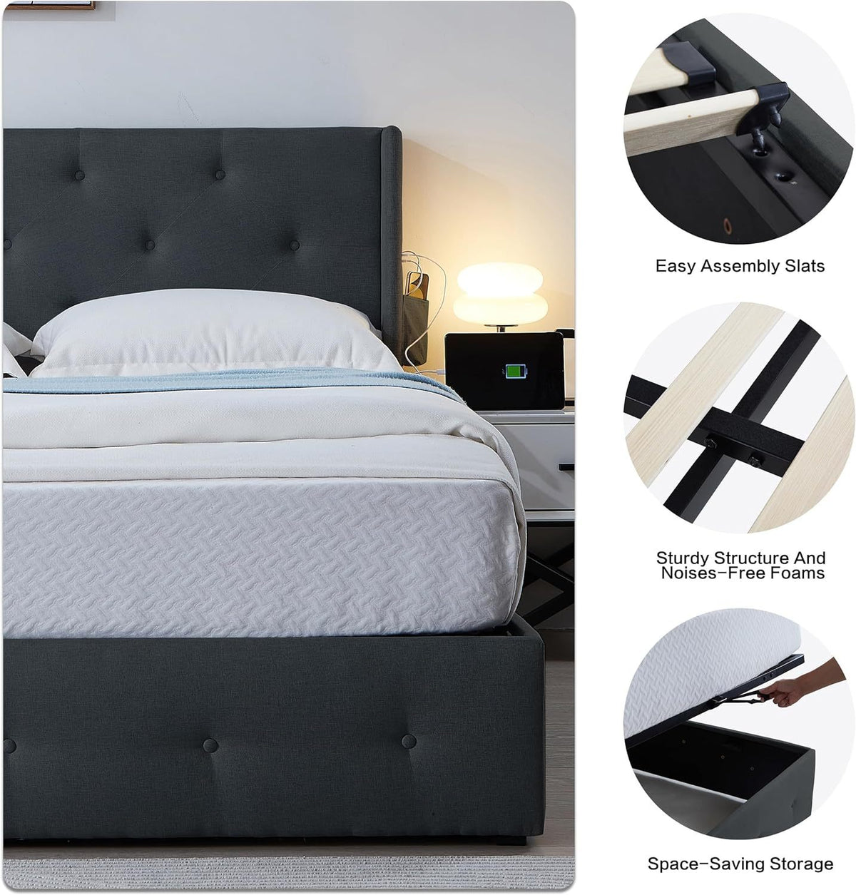 Queen Size Bed Frame with Storage - Lift Up Storage Bed with Modern Wingback Headboard, USB Ports W1960S00006-djyc