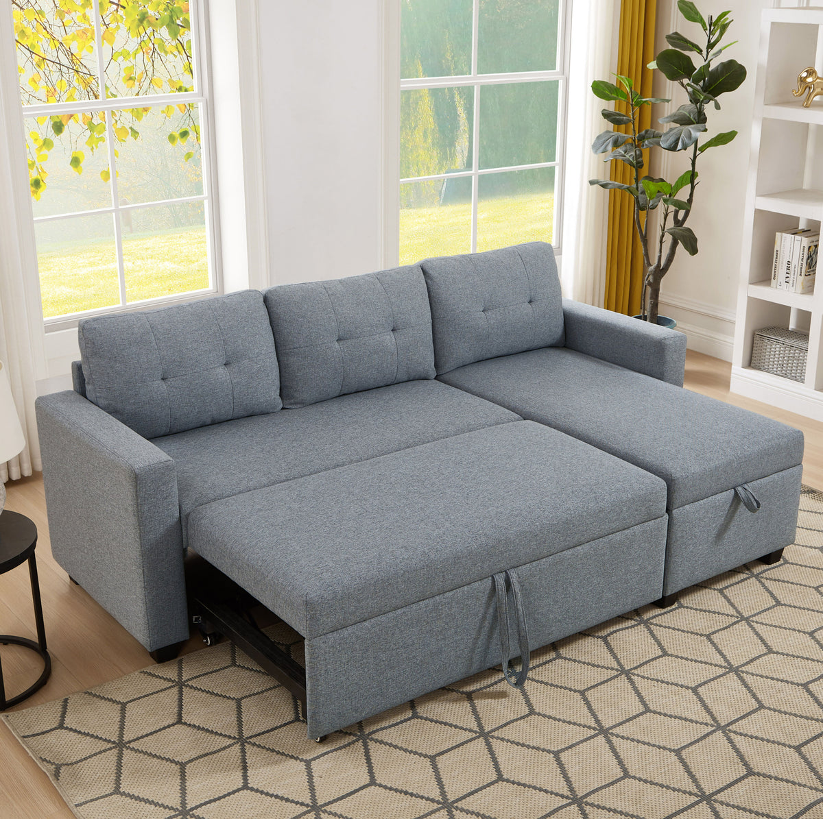 Upholstered Pull Out Sectional Sofa with Storage Chaise, Convertible Corner Couch, Light Grey W2336S00013-djyc