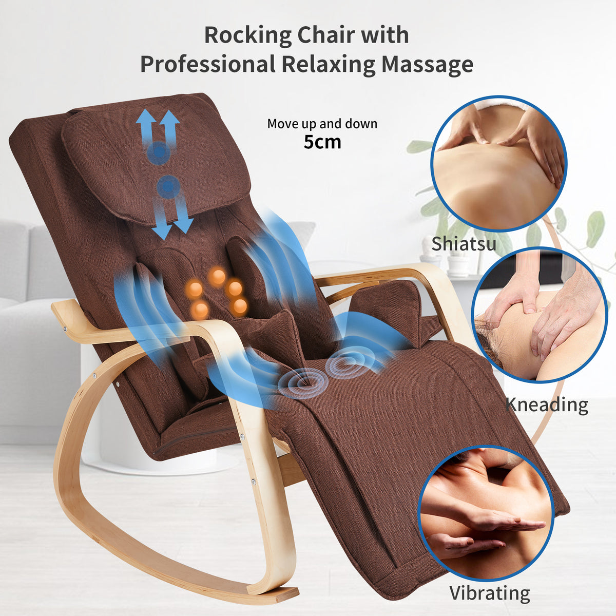 Full massage function-Air pressure-Comfortable Relax Rocking Chair, Lounge Chair Relax Chair with Cotton Fabric CushionBrown W60727212-djyc