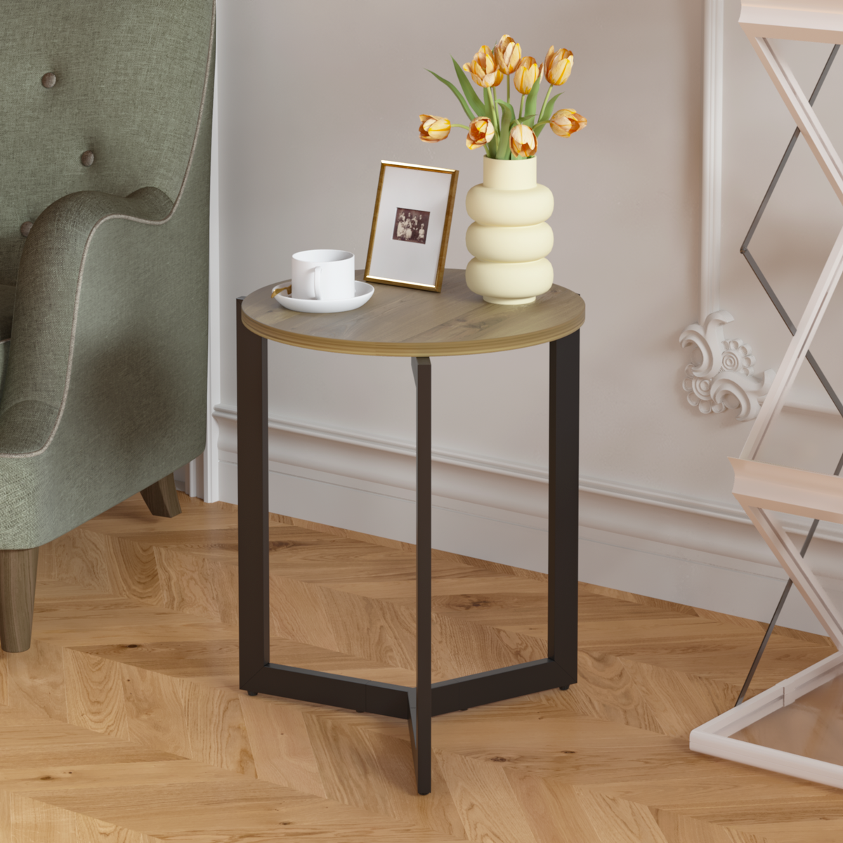 19.68''H Round Side Table, Round Accent End Table with Sturdy Metal Frame, Round Nightstand, for Living Room, Bedroom, Balcony, Office, Brown W808P176716-djyc