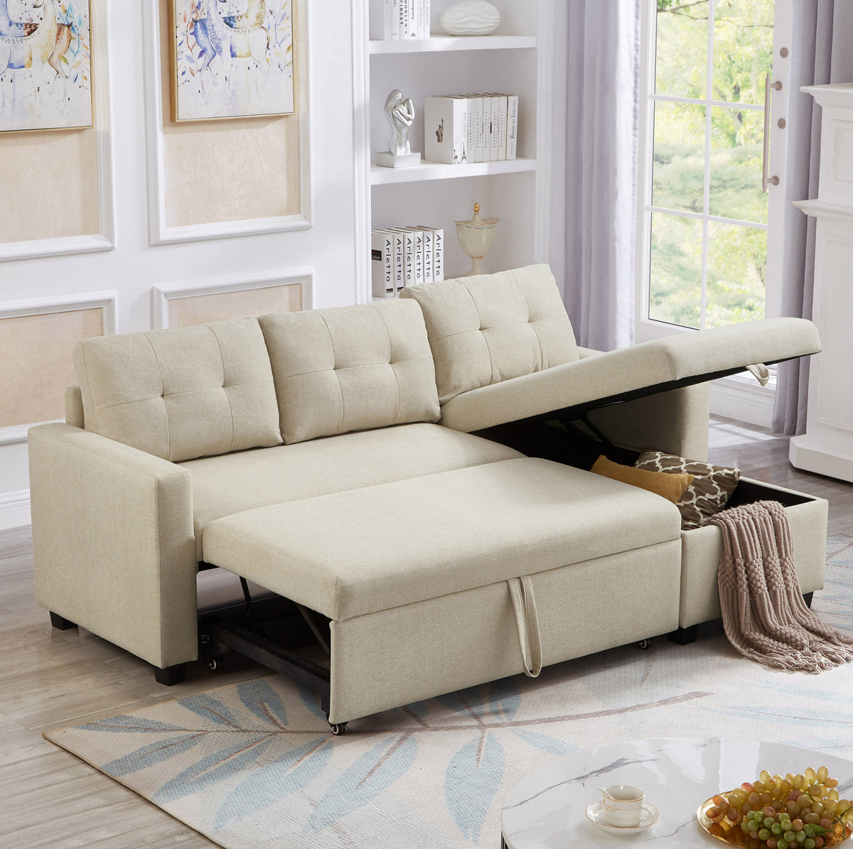 Upholstered Pull Out Sectional Sofa with Storage Chaise, Convertible Corner Couch, Beige W2336S00014-djyc