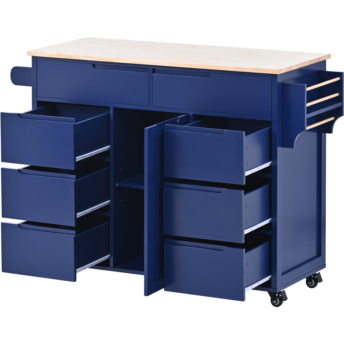 K&K Store Kitchen Cart with Rubber Wood Countertop , Kitchen Island has 8 Handle-Free Drawers Including a Flatware Organizer and 5 Wheels for Kitchen Dinning Room, Dark Blue SK000002AAG-djyc