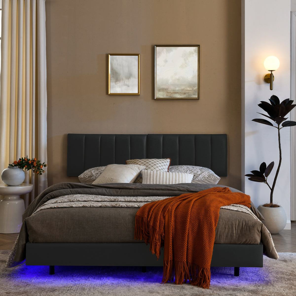 Queen Floating Bed Frame with LED Lights and Wall Mounted Headboard Modern Low Profile Led Platform Bed Frame Queen Size Faux Leather Upholstered Platform Bed Frame,No Box Spring Needed,Black W487P169722-djyc