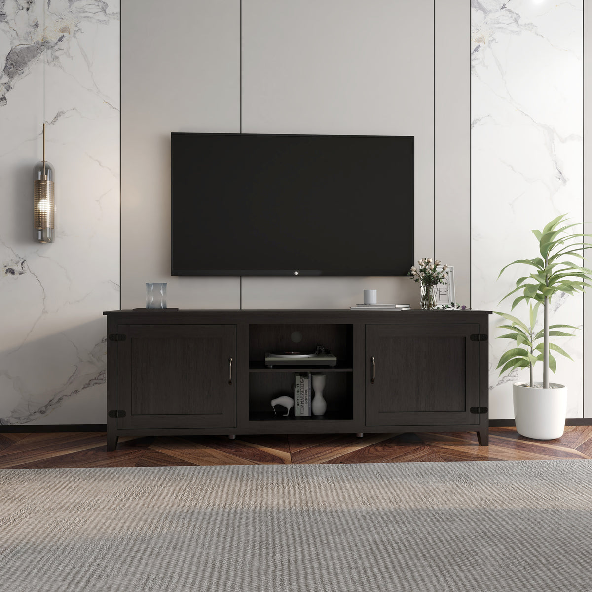 TV Stand Storage Media Console Entertainment Center,Tradition Black,with doors W88152785-djyc