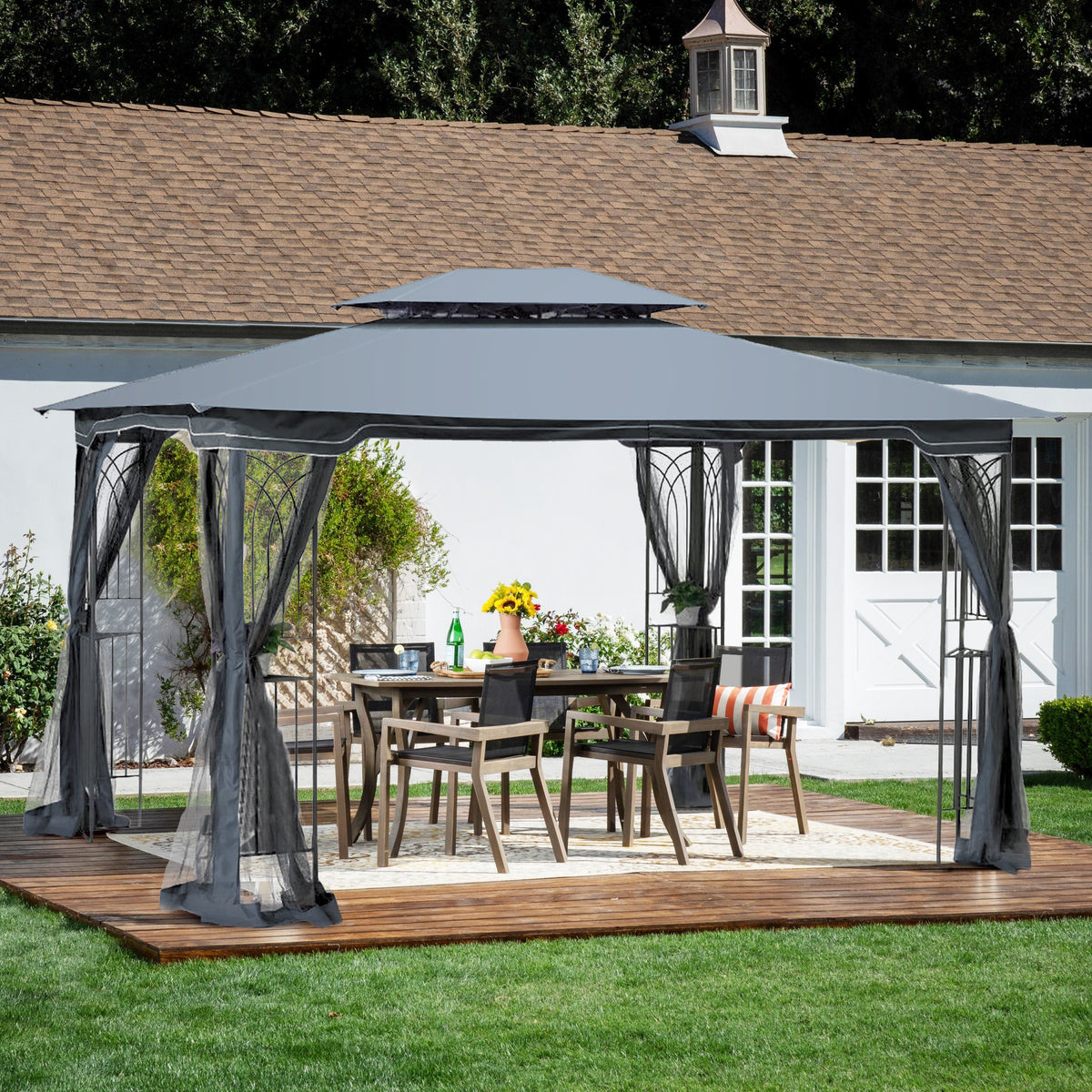 13x10 Outdoor Patio Gazebo Canopy Tent With Ventilated Double Roof And Mosquito net(Detachable Mesh Screen On All Sides),Suitable for Lawn, Garden, Backyard and Deck,Gray Top W41934252-djyc