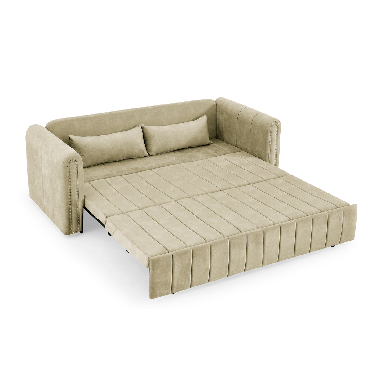 3 in 1 Pull-Out Bed Sleeper, Modern Upholstered 3 Seats Lounge Sofa & Couches with Rolled Arms Decorated with Copper Nails , Convertible Futon 3 Seats Sofabed with Two Drawers and Two Pillows W487S00213-djyc