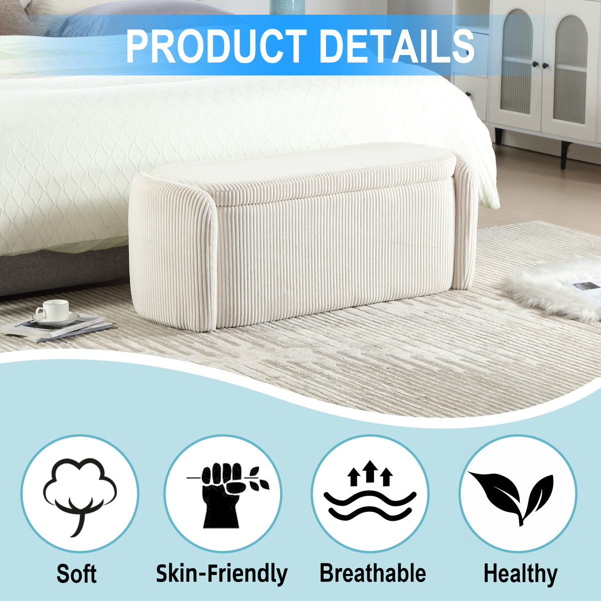 House Hold Storage Ottoman,Bedroom End Bench,Upholstered Fabric Storage Ottoman with Safety Hinge, Entryway Padded Footstool, Ottoman Bench for Living Room & Bedroom (Beige) W1588P194714-djyc