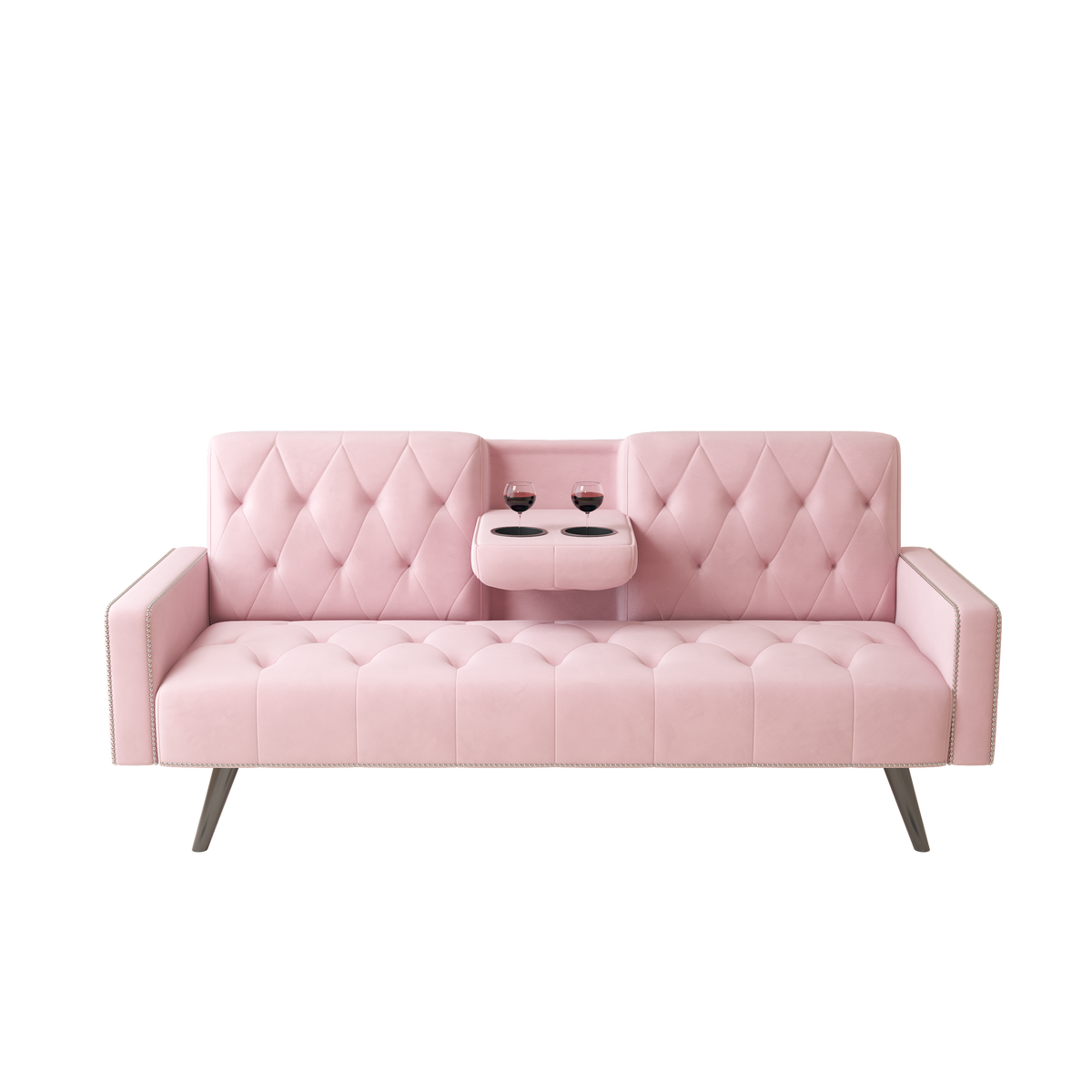 1730 Sofa Bed Armrest with Nail Head Trim with Two Cup Holders 72" Pink Velvet Sofa for Small Spaces W127850868-djyc