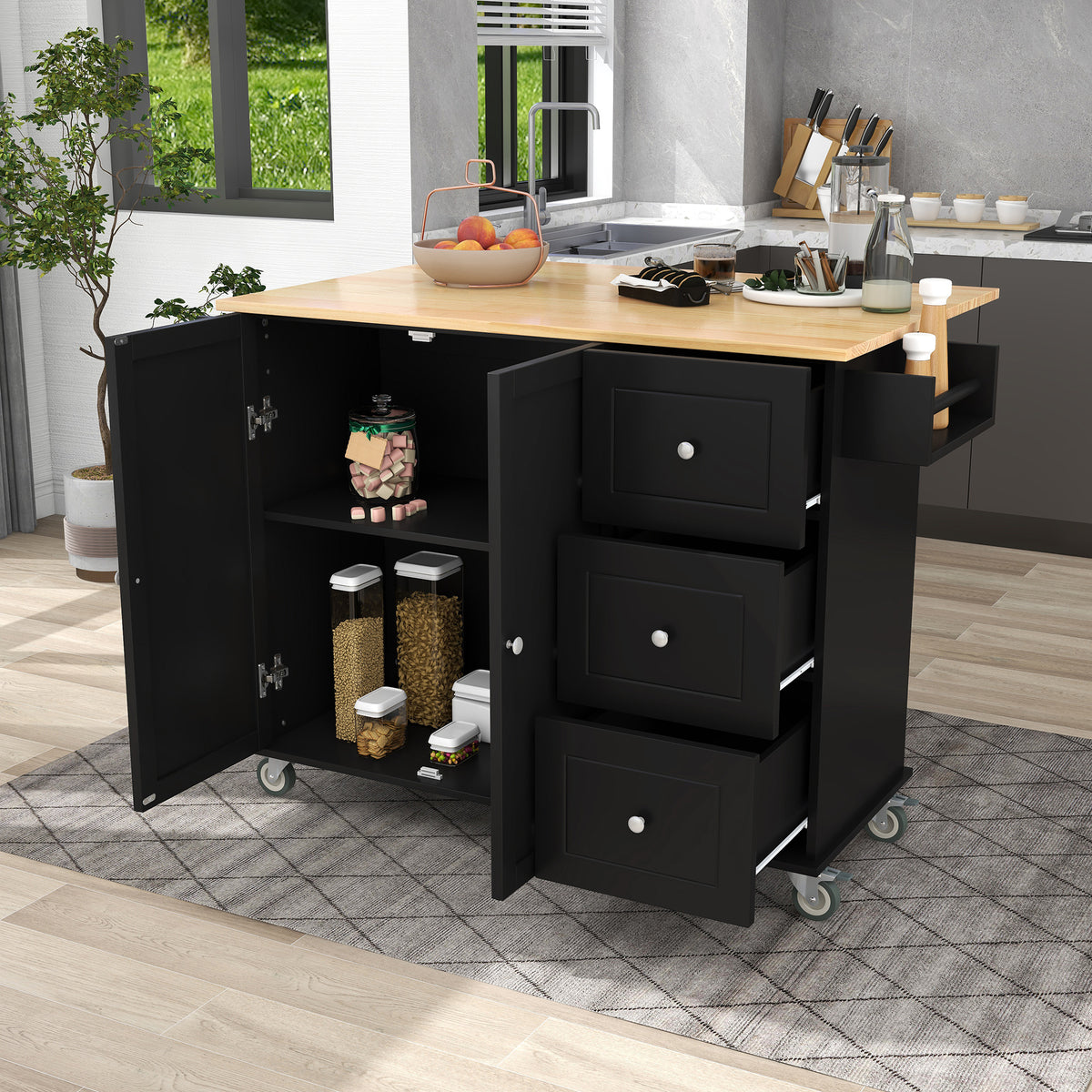 Rolling Mobile Kitchen Island with Solid Wood Top and Locking Wheels,52.7 Inch Width,Storage Cabinet and Drop Leaf Breakfast Bar,Spice Rack, Towel Rack & Drawer (Black) WF287035AAB-djyc