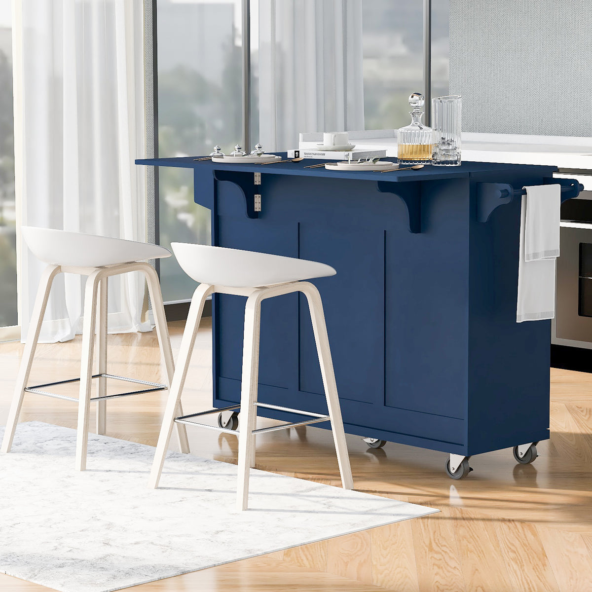 K&K 53.2''Kitchen Island with Drop Leaf, Kitchen Storage Cart with Spice Rack, Towel Rack and 2 Drawers, Rolling Kitchen Island on Wheels with Adjustable Shelves for Kitchen, Dining Room, Navy Blue N707P173041G-djyc