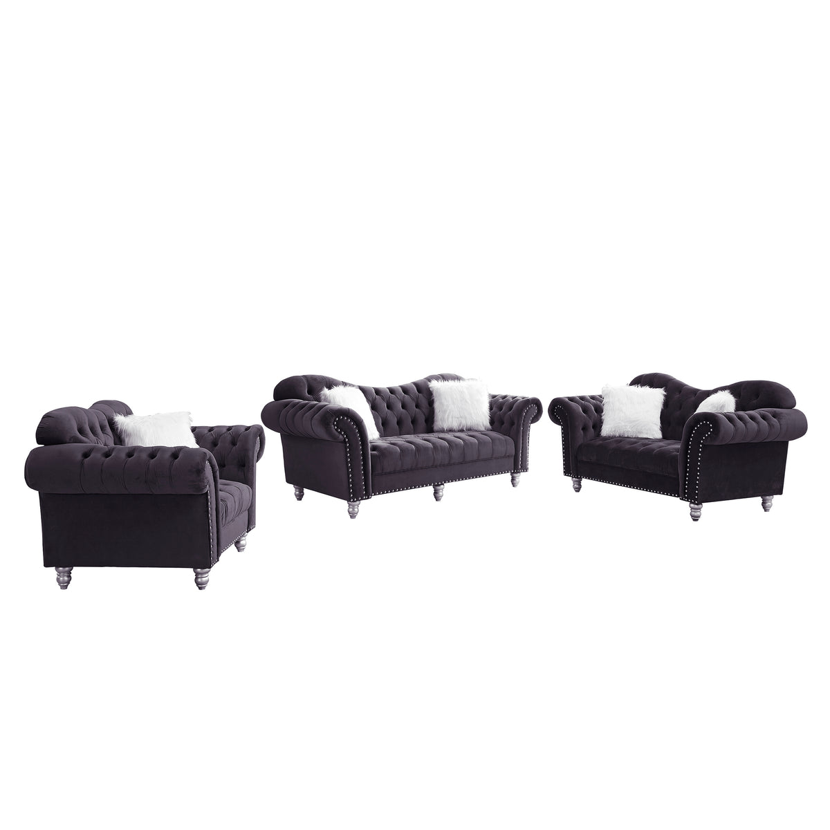 3 Piece Living Room Sofa Set, including 3-Seater Sofa, Loveseat and Sofa Chair, with Button and Copper Nail on Arms and Back, Five White Villose Pillow, Grey. W487S00050-djyc