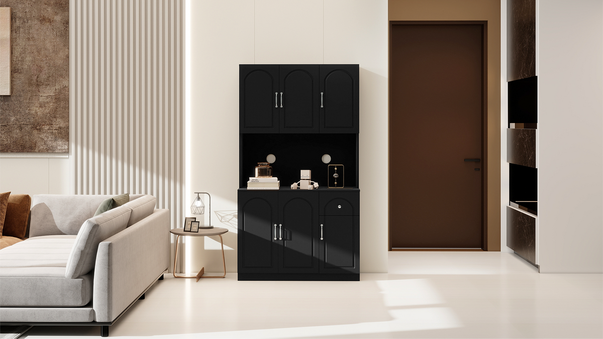 71" Kitchen Pantry Storage Cabinet with Microwave Oven Countertop, Freestanding Hutch Cabinet with Adjustable Shelves, 6 Doors and 1 Drawer-Black W282P170918-djyc