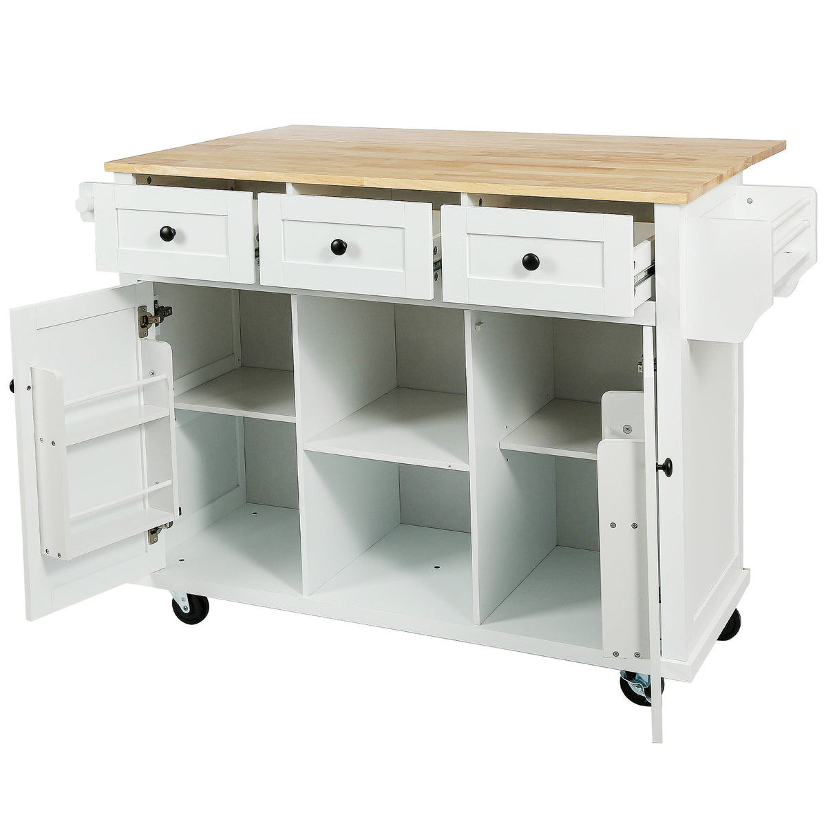 Kitchen Cart with Rubber wood Drop-Leaf Countertop ,Cabinet door internal storage racks,Kitchen Island on 5 Wheels with Storage Cabinet and 3 Drawers for Dinning Room,White WF298028AAW-djyc