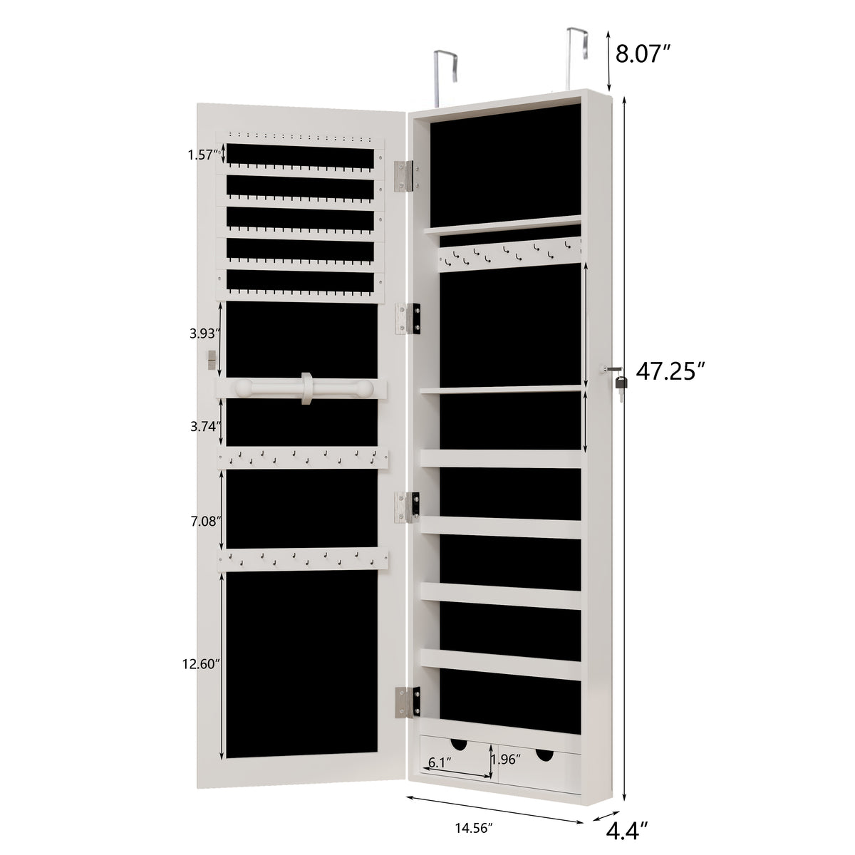 Mirror Jewelry Cabinet, 47.2 Inch Large Capacity Lockable Jewelry Armoire Organizer, Wall or Door Mounted Mirror with Jewelry Storage-White W282P156780-djyc