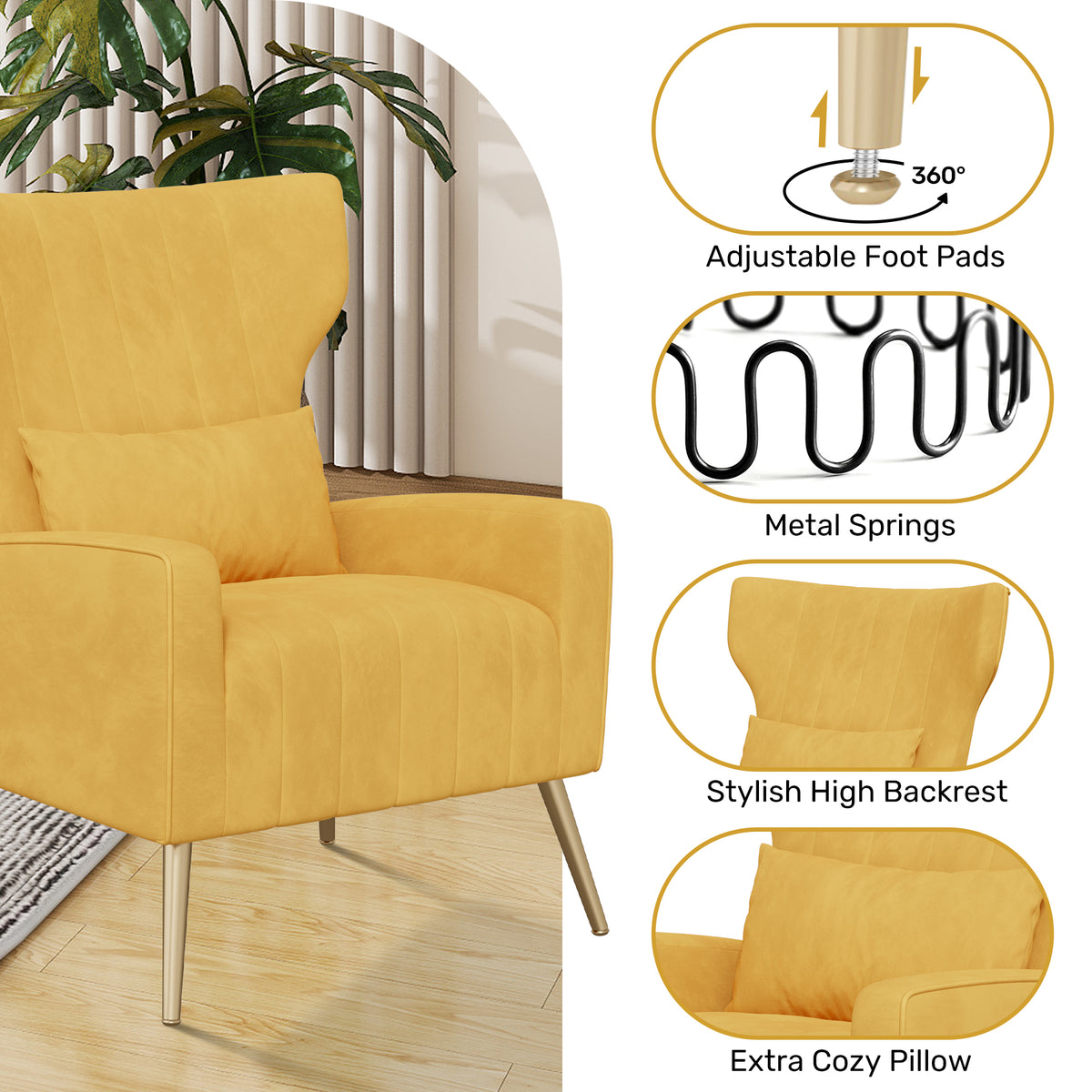 Fashionable High-Back Velvet Upholstered Armchair: High-Density Foam & Adjustable Feet FU01055-wz