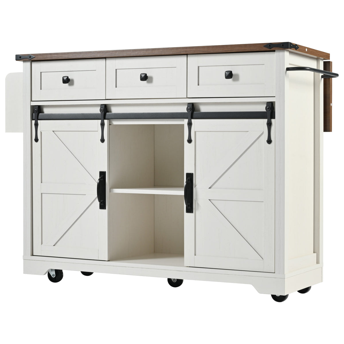 K&K 53.7" Farmhouse Kitchen Island with Power Outlet, 2 Sliding Barn Door Kitchen Storage Island with Drop Leaf, Spice Rack Rolling Kitchen Cart on Wheels, for Home, Kitchen and Dining Room, White N707P170347W-djyc