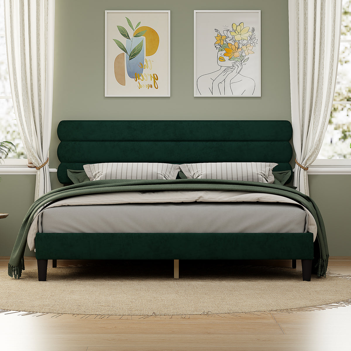 King Bed Frame with Headboard,Sturdy Platform Bed with Wooden Slats Support,No Box Spring,Mattress Foundation,Easy AssemblyGreen W1793140488-djyc