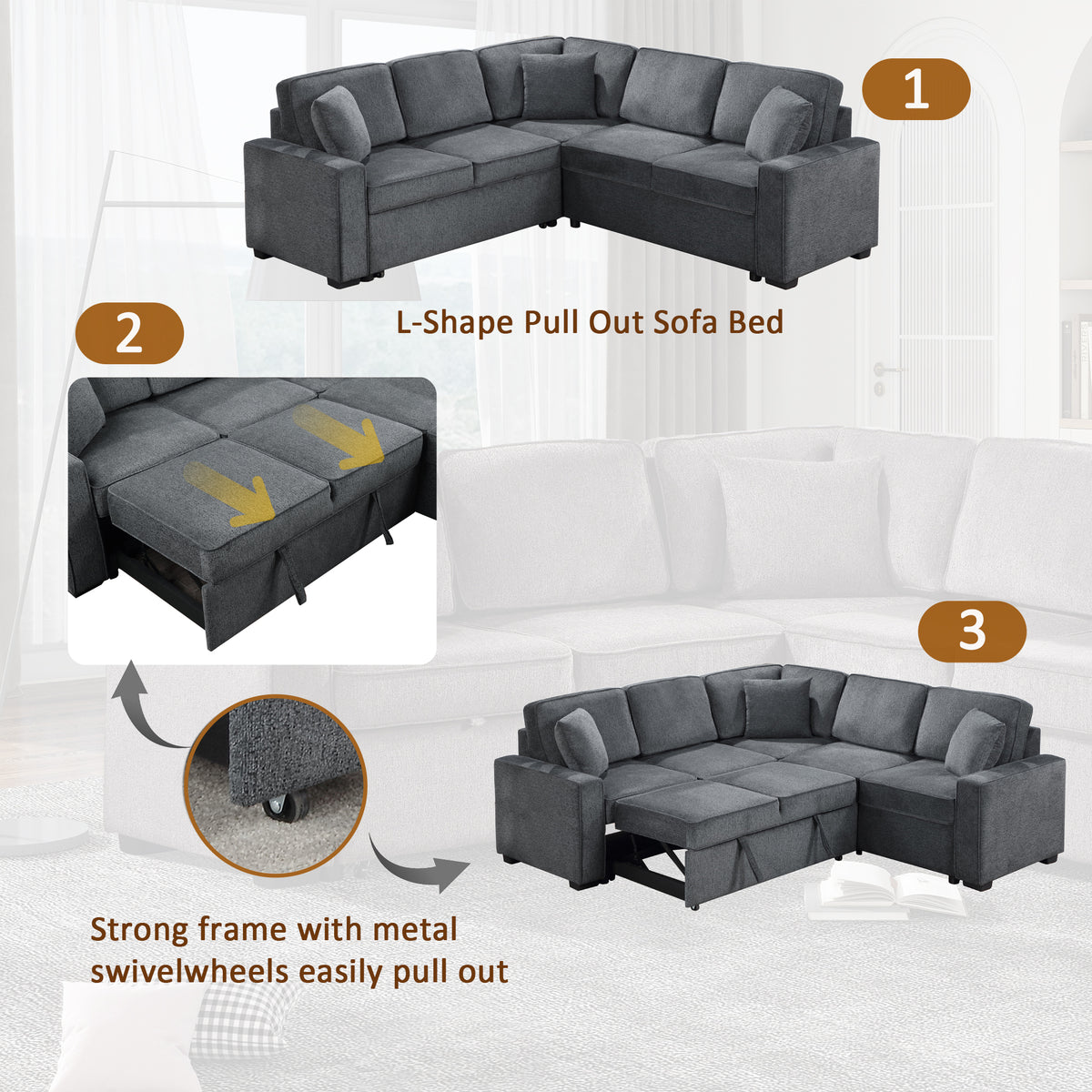 Modular Sofa, Sectional Couch L Shaped Sofa Couch with Pullout Sleeper, 5 Seat Chenille Corner Sofa for Living Room, 3 Pillows Included, Dark Gray W1998S00052-djyc